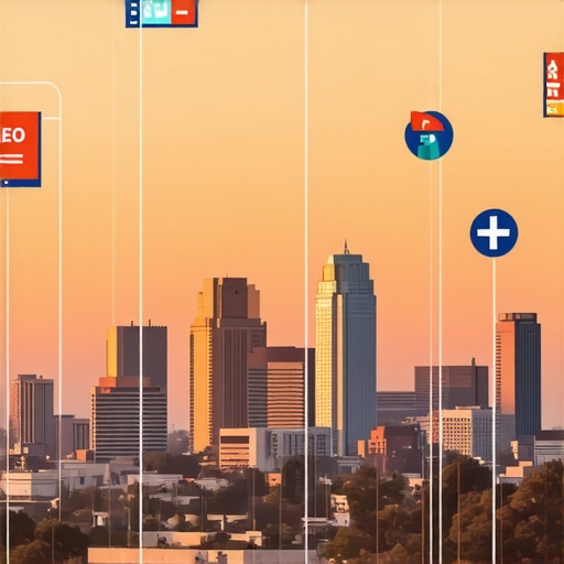 Kansas City skyline with SEO and marketing symbols