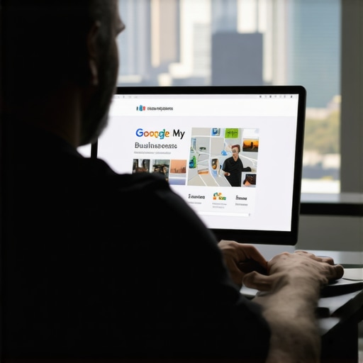 Business owner editing Google My Business profile with Kansas City skyline