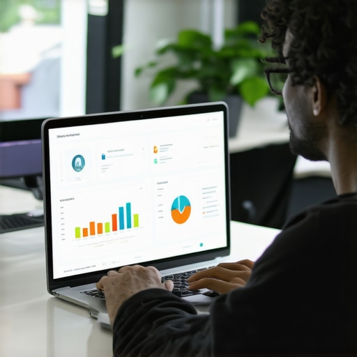 Person reviewing SEO metrics on a laptop in an office setting.