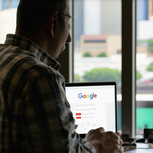 Business owner working on Google My Business profile with Kansas cityscape