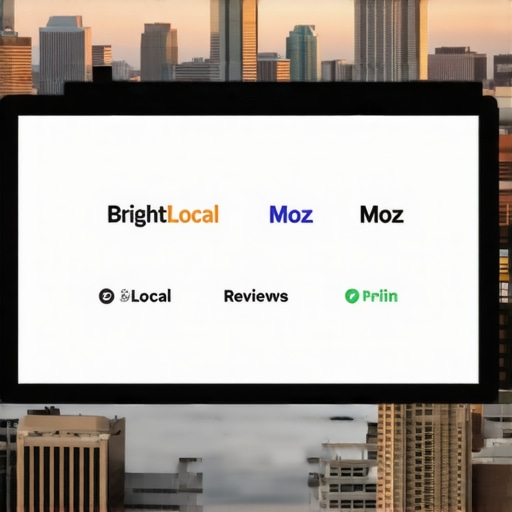 Computer screen displaying SEO tools with Kansas City skyline