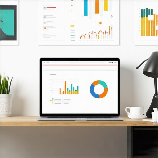 A workspace with a laptop displaying SEO tools and review management dashboards.