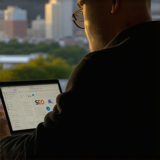 A person analyzing local SEO metrics on a laptop with Kansas City skyline behind them.