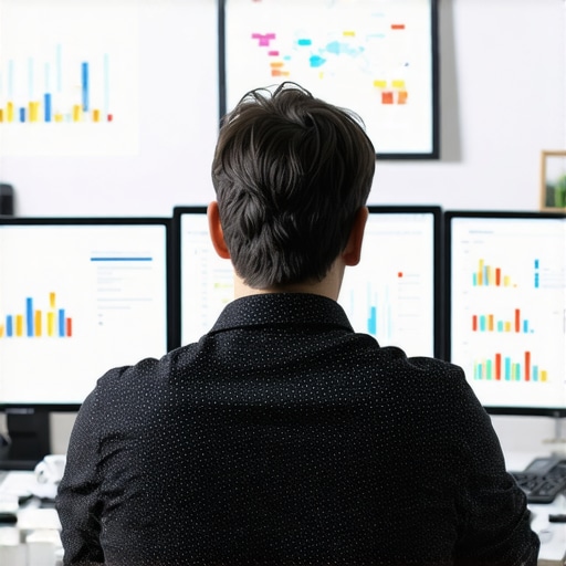 A person reviewing SEO analytics and Google Maps data on computer screens in a modern office.