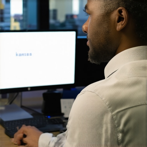 A small business owner analyzing SEO metrics on a laptop with Kansas City skyline in background.
