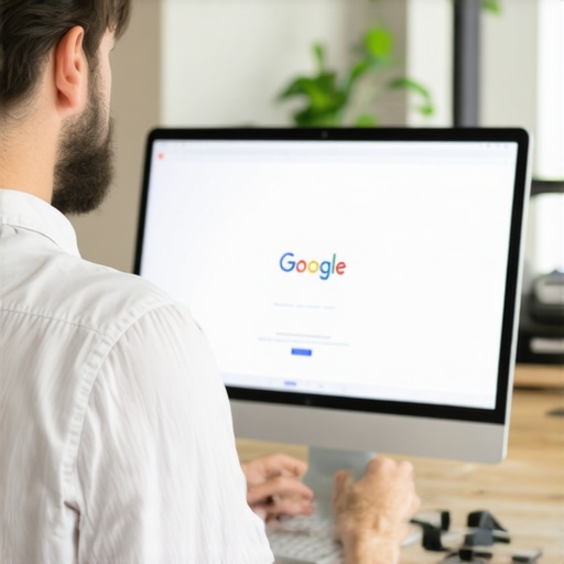 A person editing a Google My Business profile on a computer with Kansas City skyline in the background