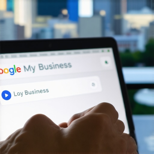 Person updating Google My Business profile on a laptop with Kansas City skyline