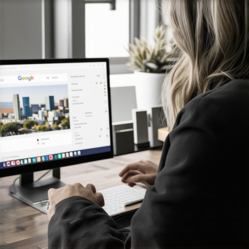 Business owner working on Google My Business profile with Kansas City landmarks in background.