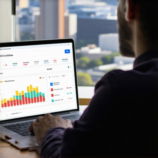 Optimizing Local SEO with Data Analysis Business owner analyzing local SEO metrics on a laptop with Kansas City skyline
