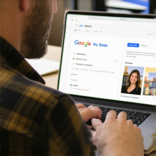 Business owner updating Google My Business listing on laptop with Kansas City skyline in the background.