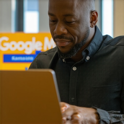 Business owner optimizing their Google My Business listing on a laptop with Kansas City signs in the background.