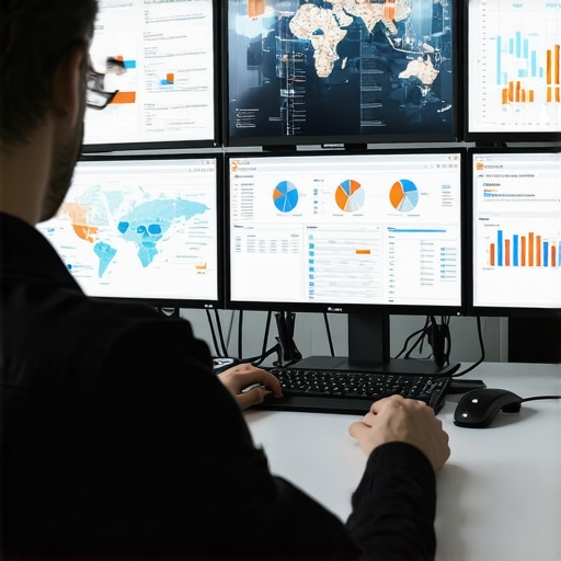 A digital marketer analyzing SEO data on screens with maps and charts in a modern office