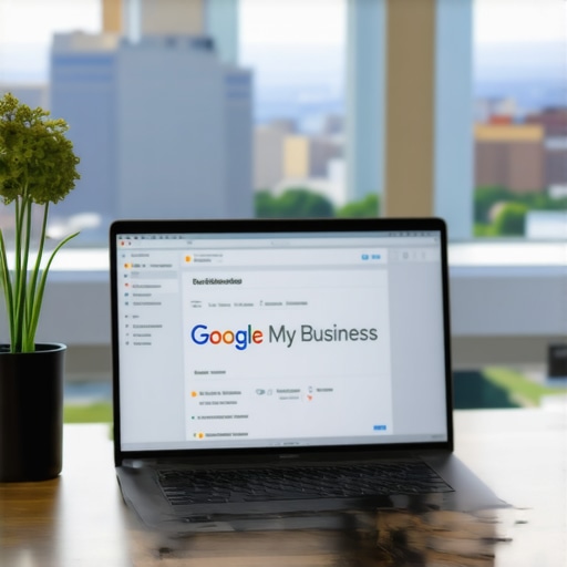 A laptop showing Google My Business dashboard with Kansas City skyline background.