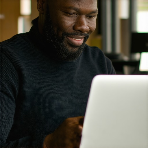 Business owner updating GMB profile on laptop with Kansas City storefront in background.