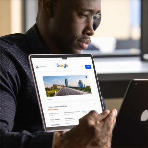 Optimizing Your Google Profile in Kansas City Business owner working on Google My Business profile with cityscape background