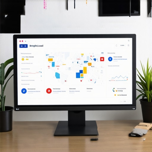 Computer monitor displaying local SEO analytics tools with Kansas City maps and charts.