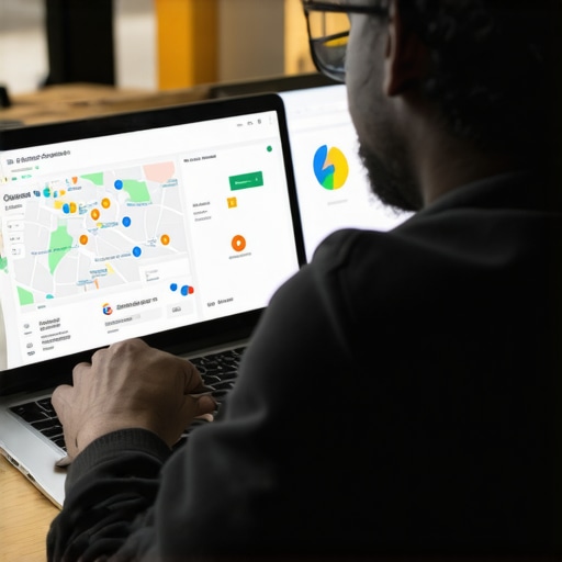 An expert reviewing local SEO metrics on a computer screen with BrightLocal and Google Maps