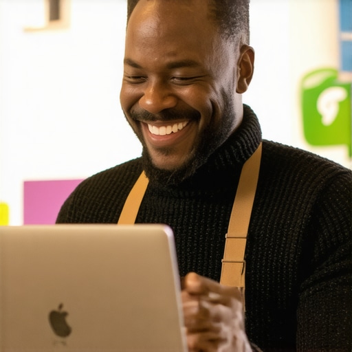 Shop owner updating Google My Business profile on laptop