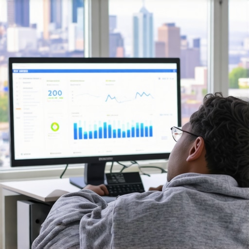 Person analyzing local SEO data on a laptop with Kansas City skyline behind.