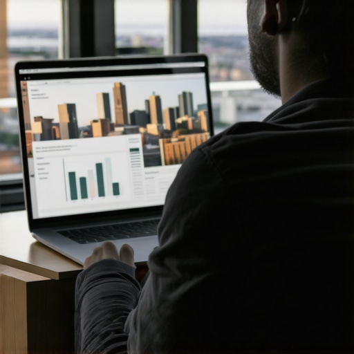 An SEO expert analyzing local search data with Kansas City skyline in background