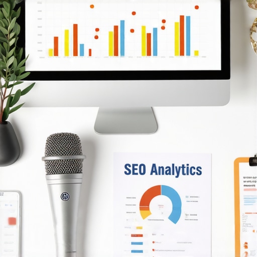 Desk with SEO analytics dashboard, charts, and computer showing local SEO metrics.